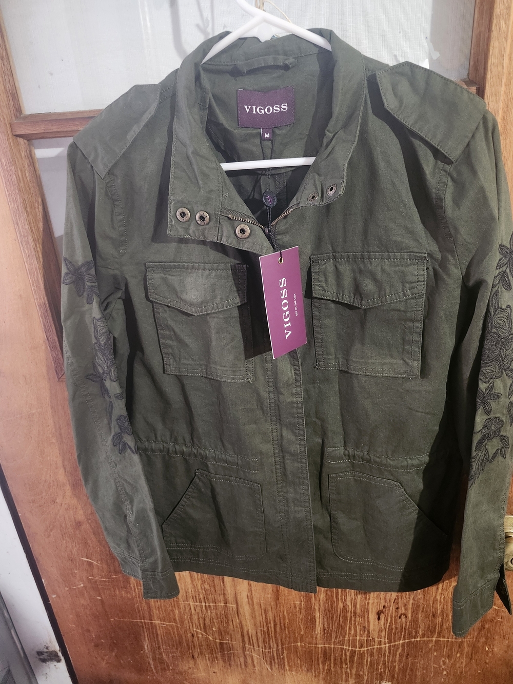 NWT! Vigoss Olive Utility Jacket with Floral Sleeve Embroidery